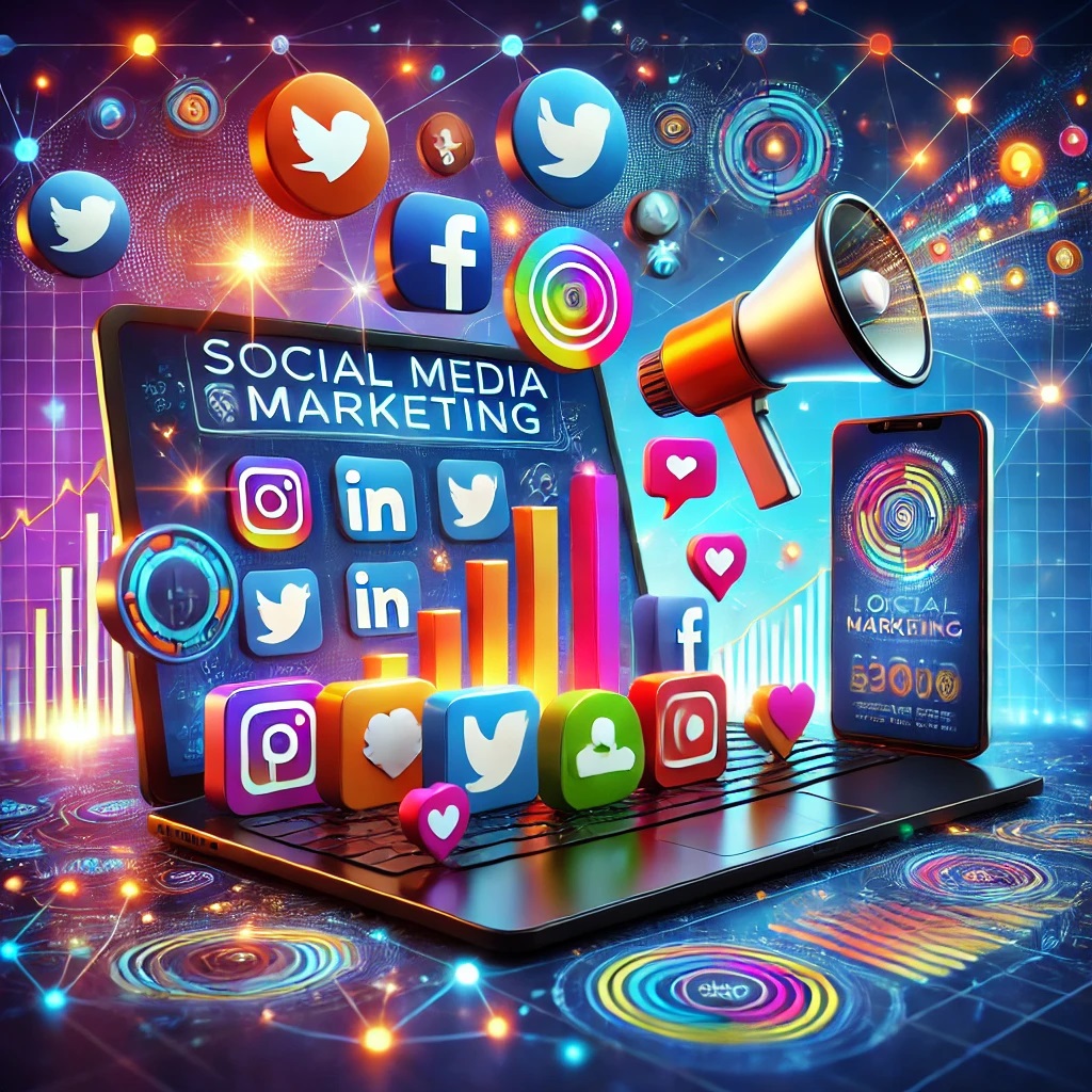 "Illustration of social media marketing (SMM) featuring a laptop, smartphone, and social media icons with engagement elements like likes, shares, and comments."