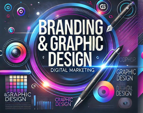 "A creative digital artwork representing branding and graphic design, featuring a modern workspace with a laptop, color palettes, and design tools in a futuristic style."