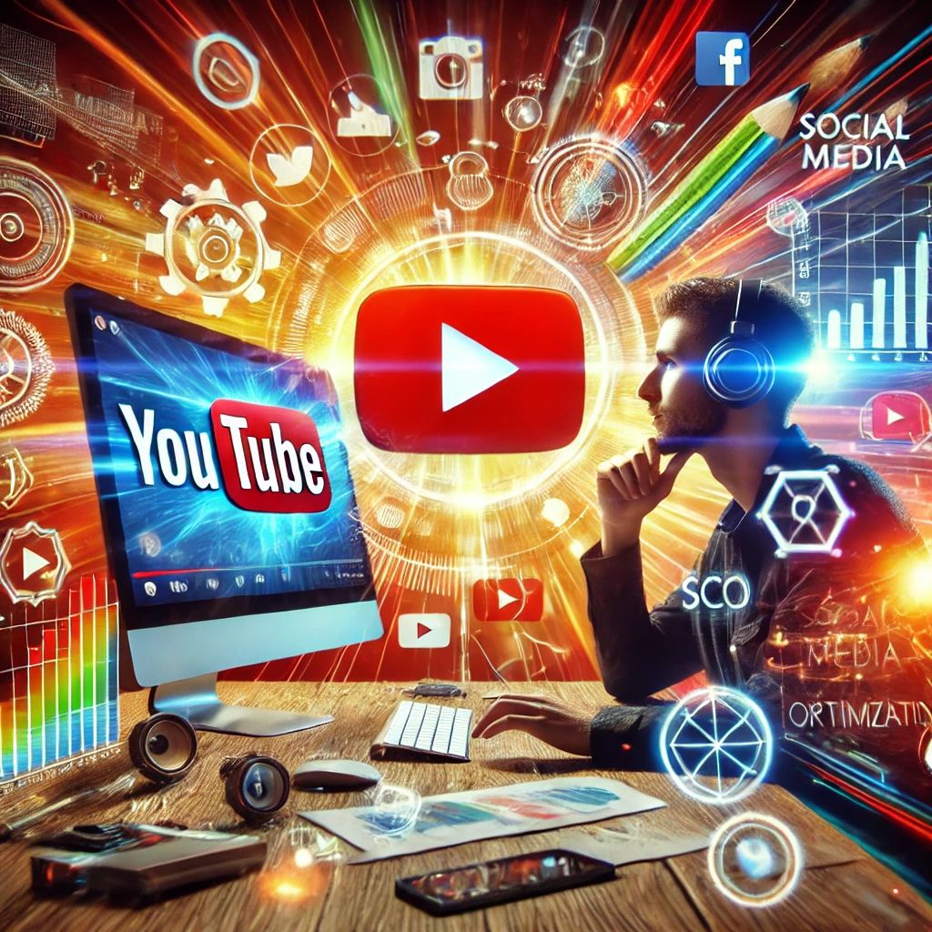 "A digital marketer working on YouTube SEO strategies with social media optimization elements and analytics in the background."